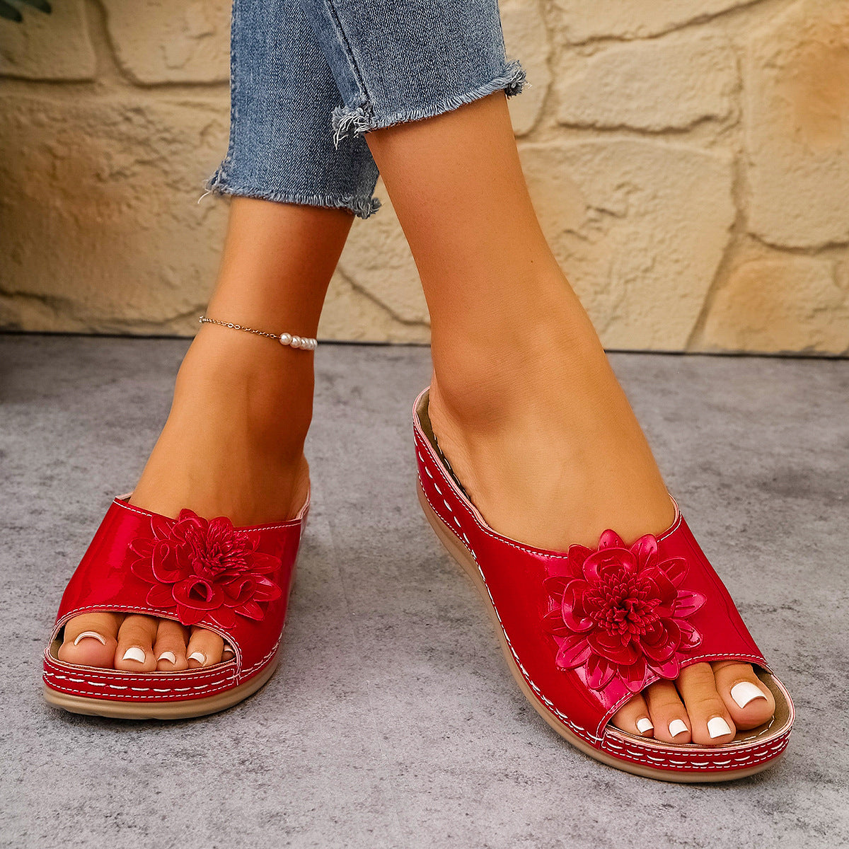 Comfortable Floral Wedge Slide Slippers