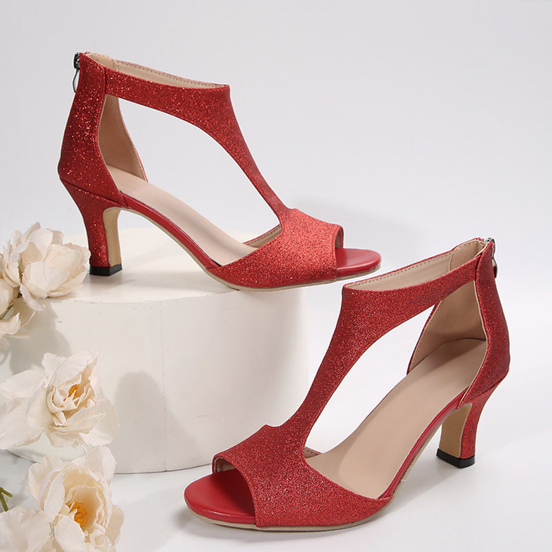 🔥Last Day 50% OFF - Women'S Trendy Red Glitter High Heel Sandals with Zipper Closure - Casual Open-Toe Style