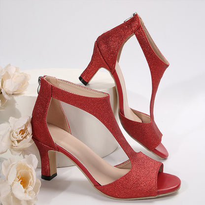 🔥Last Day 50% OFF - Women'S Trendy Red Glitter High Heel Sandals with Zipper Closure - Casual Open-Toe Style