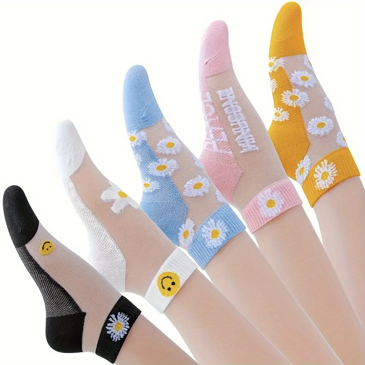 5 pares de calcetines transpirables de verano antideslizantes con 50 % de descuento: malla antibacteriana y un bonito diseño floral.