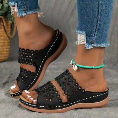 [Floral Cutout Sandals] Comfortable Women's Leather Slide Sandals