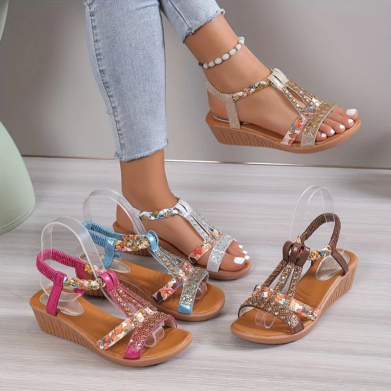 🔥Last Day 50% OFF 🔥Women's Rhinestone Decor Wedge Sandals, Comfortable and Anti-slip