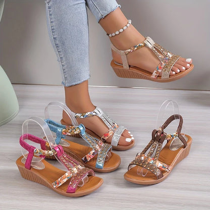 🔥Last Day 50% OFF 🔥Women's Rhinestone Decor Wedge Sandals, Comfortable and Anti-slip