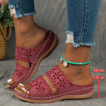 [Floral Cutout Sandals] Comfortable Women's Leather Slide Sandals