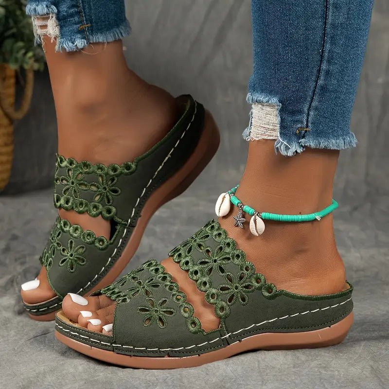 [Floral Cutout Sandals] Comfortable Women's Leather Slide Sandals