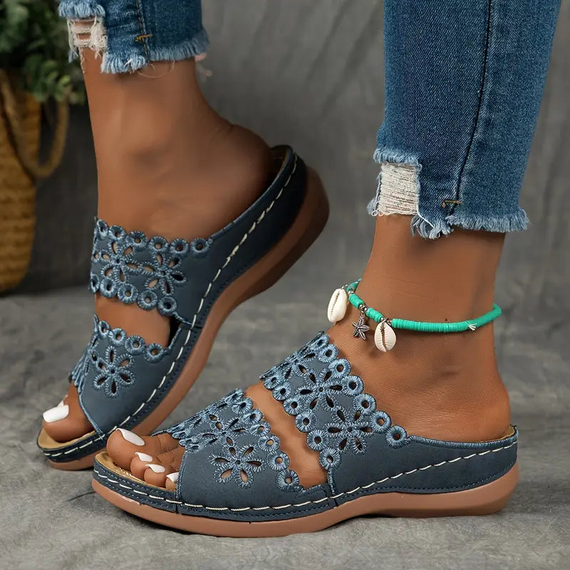 [Floral Cutout Sandals] Comfortable Women's Leather Slide Sandals