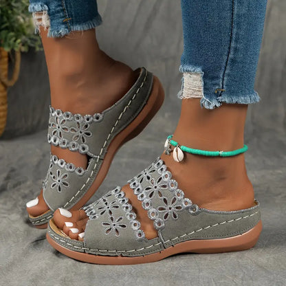 [Floral Cutout Sandals] Comfortable Women's Leather Slide Sandals