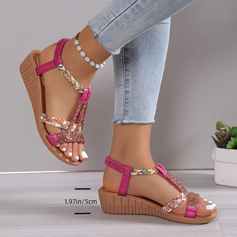 🔥Last Day 50% OFF 🔥Women's Rhinestone Decor Wedge Sandals, Comfortable and Anti-slip