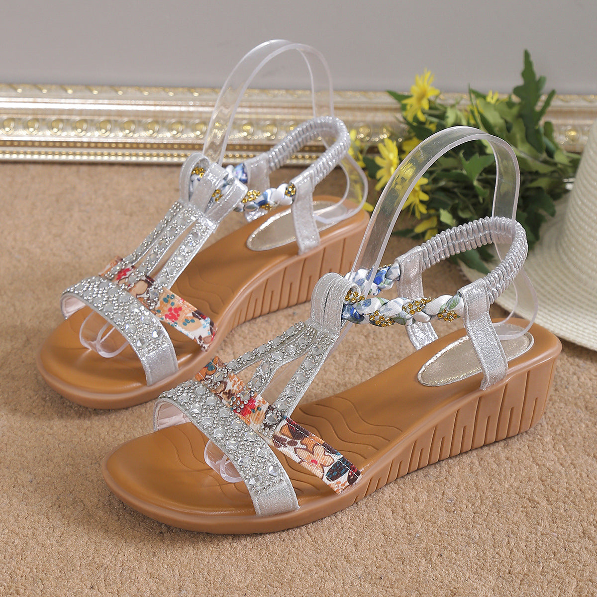 🔥Last Day 50% OFF 🔥Women's Rhinestone Decor Wedge Sandals, Comfortable and Anti-slip