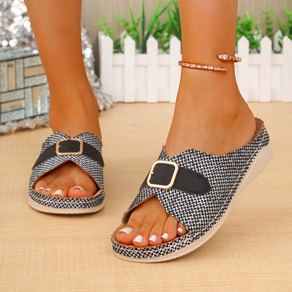 Vintage Style Platform Heel Slip-on Sandals with Open Toe