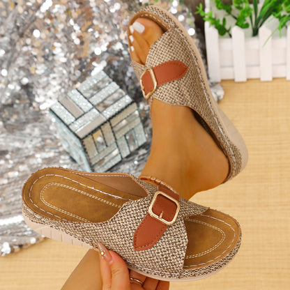 Vintage Style Platform Heel Slip-on Sandals with Open Toe