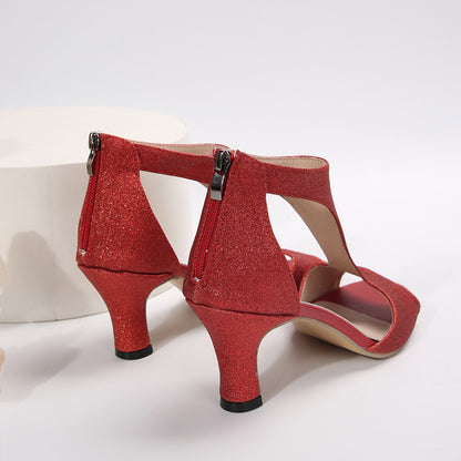 🔥Last Day 50% OFF - Women'S Trendy Red Glitter High Heel Sandals with Zipper Closure - Casual Open-Toe Style