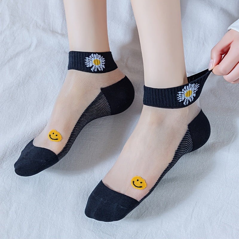 5 pares de calcetines transpirables de verano antideslizantes con 50 % de descuento: malla antibacteriana y un bonito diseño floral.