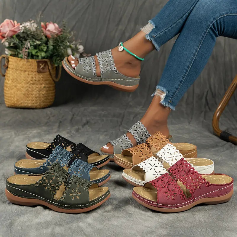 [Floral Cutout Sandals] Comfortable Women's Leather Slide Sandals