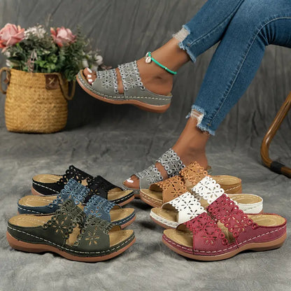 [Floral Cutout Sandals] Comfortable Women's Leather Slide Sandals