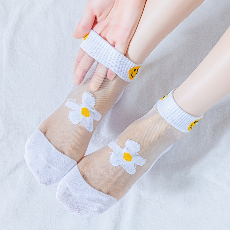 5 pares de calcetines transpirables de verano antideslizantes con 50 % de descuento: malla antibacteriana y un bonito diseño floral.