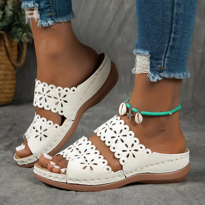 [Floral Cutout Sandals] Comfortable Women's Leather Slide Sandals